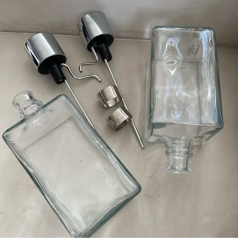 Crate & Barrel Barware Pump Top Liquor Decanters Set Of 2 Vodka & Bourbon